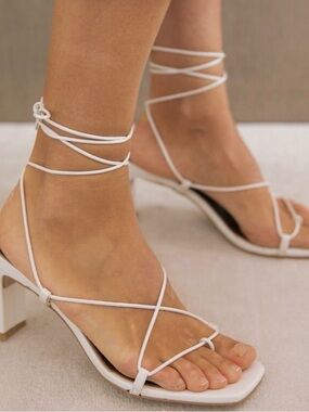 Strappy Square-Toe Ankle Wrap Sandals in White